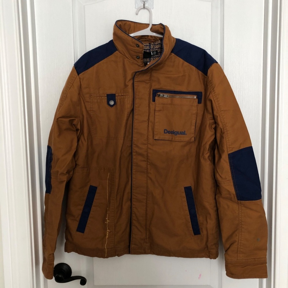 Desigual Mens Cotton Canvas Field Jacket Brown Navy Blue Logo Print Lining Small